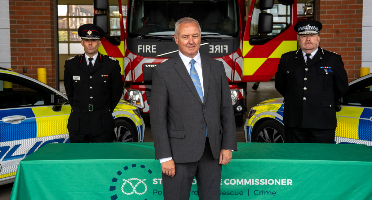(L-R): Deputy Chief Fire Officer Rob Barber; Staffordshire Commissioner for Police, Fire and Rescue and Crime Ben Adams; and Chief Constable Gareth Morgan